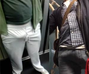 Calça branca marca VOLUME do macho no metrô - Bulges