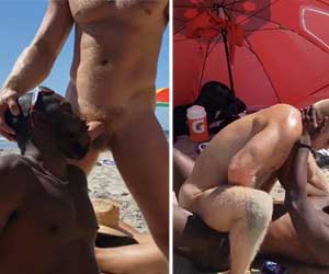 Praia de Nudismo: negão mama pica mas come o loirão