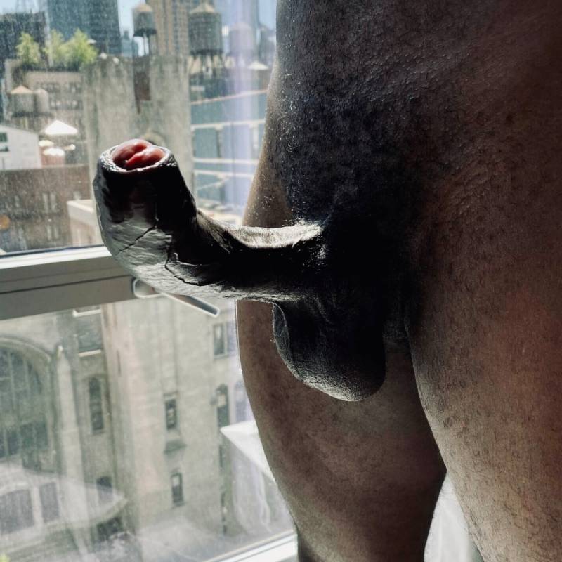 Big uncut black cock with foreskin partially covering the tip